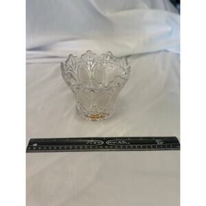 Vintage Clear Glass Scalloped Bowl Frosted Ovals Amber Stained Base Diamond Cut